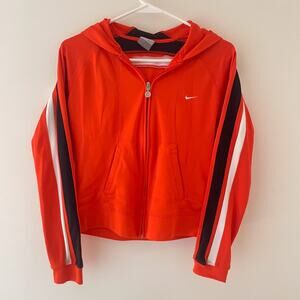 Y2K Red Orange Zip Up Hoodie S Swoosh Retro Track Stripe Hooded Sweatshirt 2000s